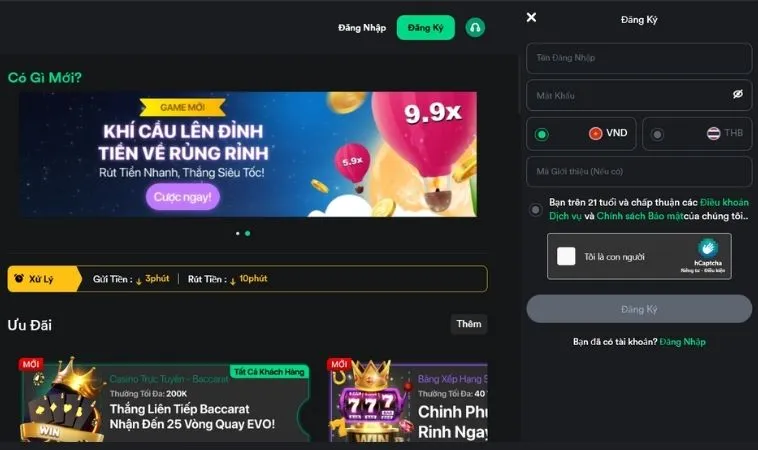 Giao diện đăng ký V9Bet